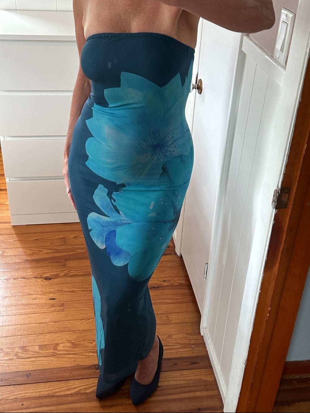Strapless Floral Bodycon Mesh Dress in Teal Blue, lined mesh dress